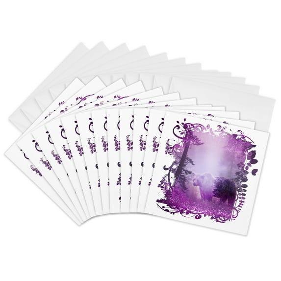 3drose, Cut Out of Bear in a Pink Purple Glittering Forest, 12 Greeting Cards with Envelopes