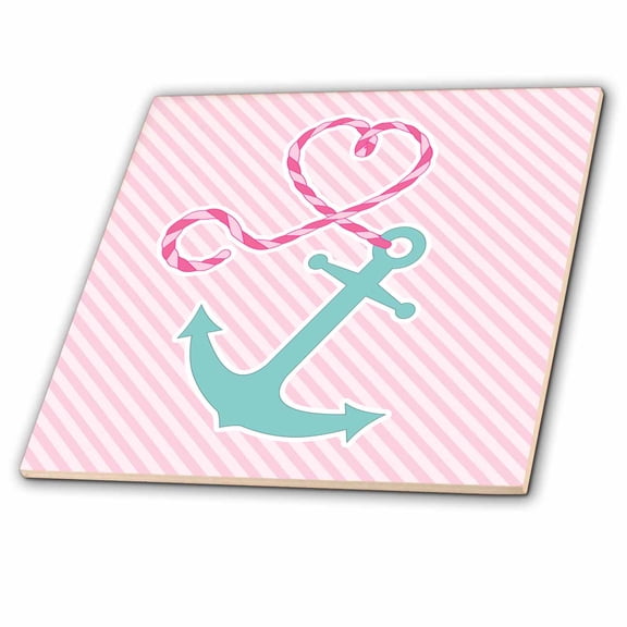 3dRose, Cute Anchor and Heart Rope - Pink and Aqua, 4 Inch Ceramic Tile