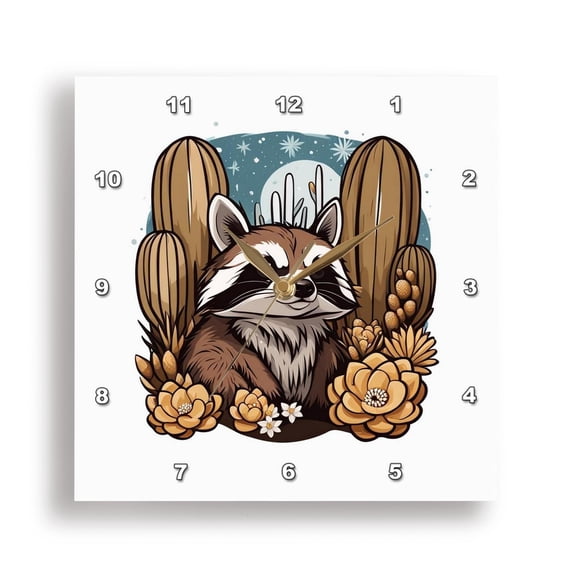 3dRose, Cute Arizona Ring-tailed Cat Surrounded by White Cacti Blossom, 15x15 Wall Clock