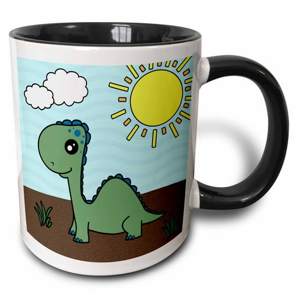 3drose, Cute Baby Green Dinosaur Scene, 11oz Two-tone Black Mug