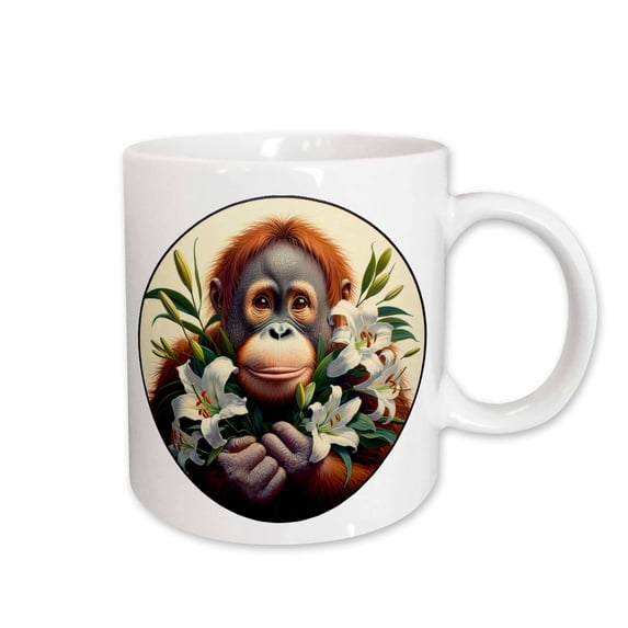 3drose, Cute Baby Orang Utan Holding White Lillies, 15oz Mug