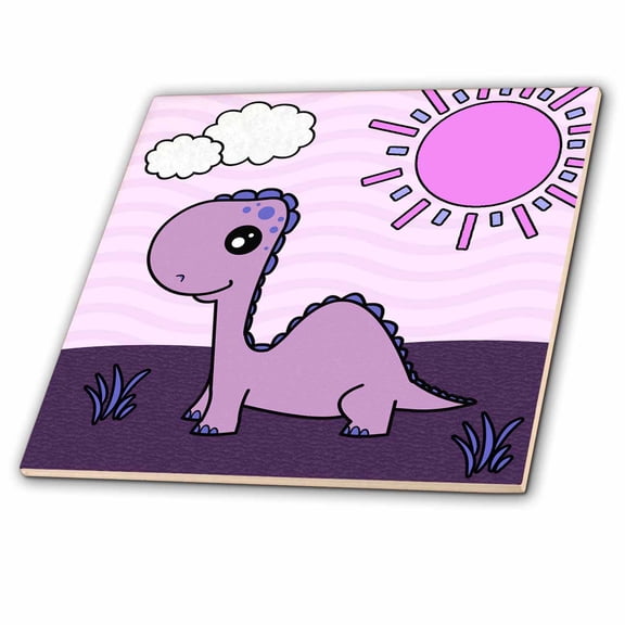 3dRose, Cute Baby Purple Dinosaur Scene, 4 Inch Glass Tile