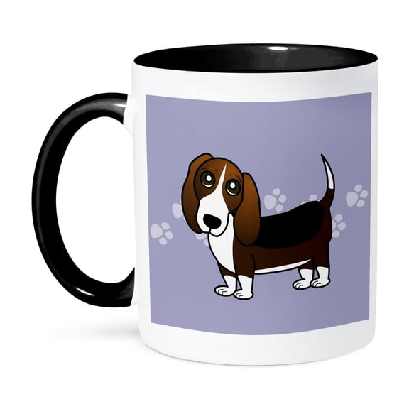 3dRose, Cute Basset Hound - Cartoon Dog - Blue with Pawprints, 11oz Two-Tone Black Mug