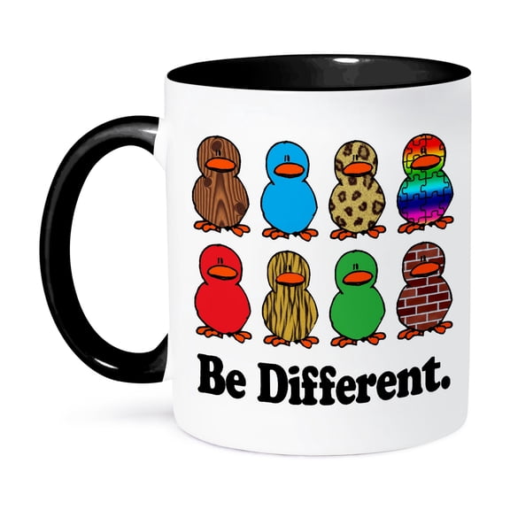 3dRose, Cute Be DIfferent Patterned Ducks, 11oz Two-Tone Black Mug