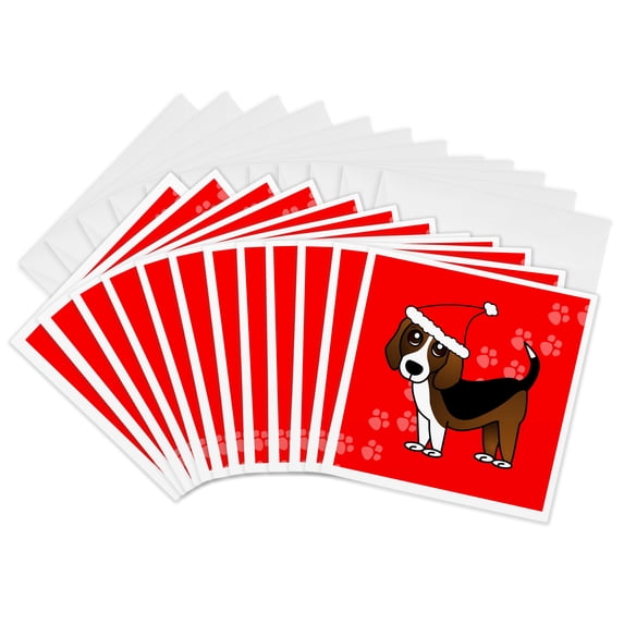 3drose, Cute Beagle - Cartoon Dog - Red with Santa Hat, 12 Greeting Cards with Envelopes