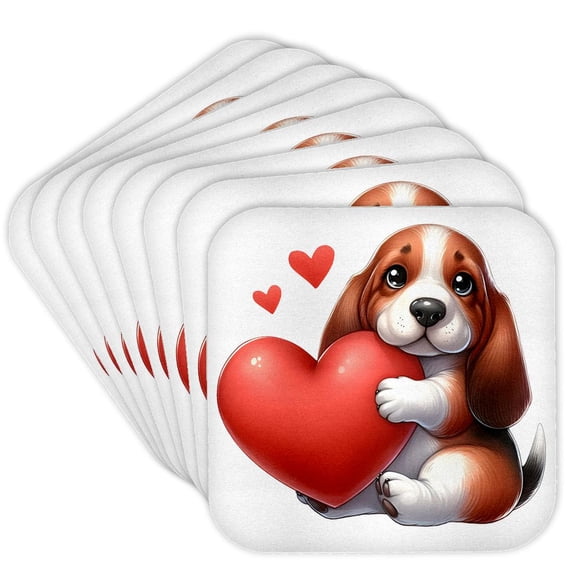 3drose, Cute Beagle Dog with a Red Heart Illustration, Set of 8 Coasters - Soft