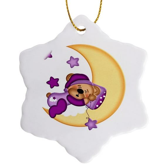 3drose, Cute Bear in Purple Pajamas Sleeping on the Moon Illustration, 3 inch Snowflake Porcelain Ornament
