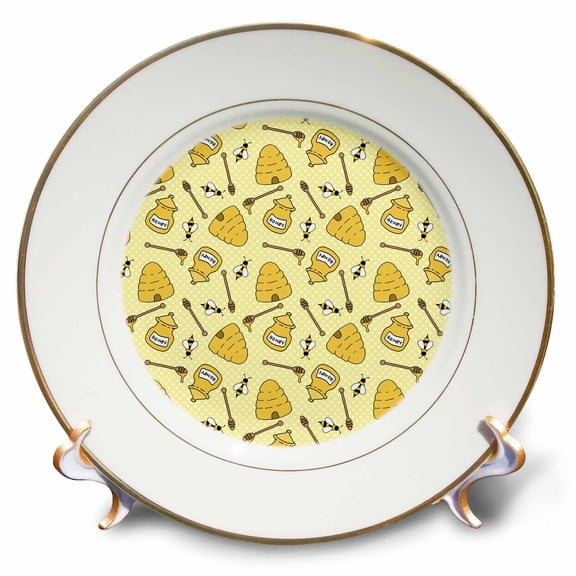 3dRose, Cute Bees, Bee Hives, and Honey Pots Pattern, 8 inch Porcelain Plate