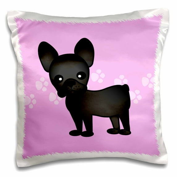 3drose, Cute Black Brindle French Bulldog Pink with Pawprints, 16x16 inch Pillow Case