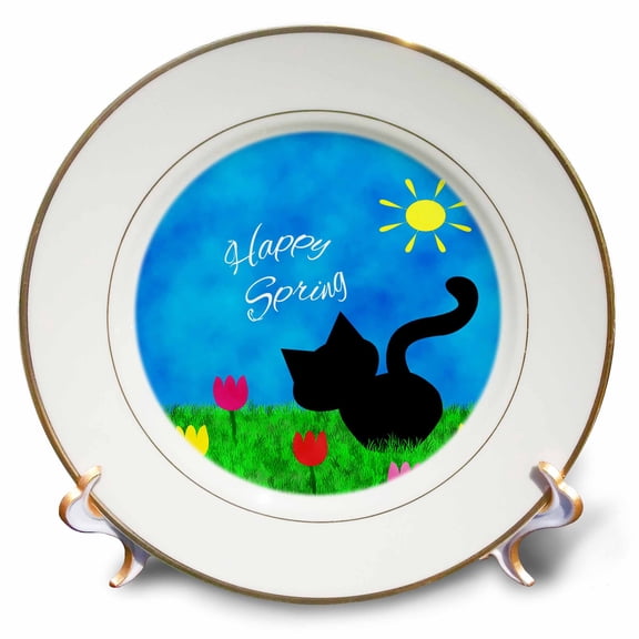 3dRose, Cute Black Kitty Cat Colorful Tulips Happy Spring, 8 inch Porcelain Plate