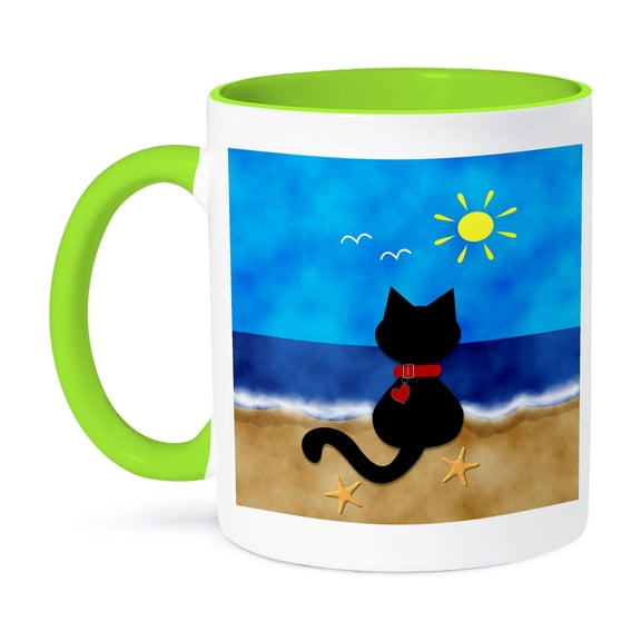 3dRose, Cute Black Kitty Cat Summer Beach Time Fun, 15oz Two-Tone Green Mug