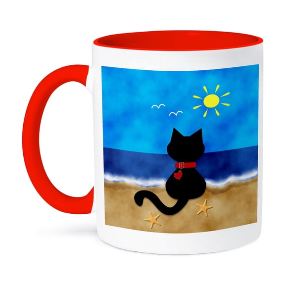 3dRose, Cute Black Kitty Cat Summer Beach Time Fun, 15oz Two-Tone Red Mug