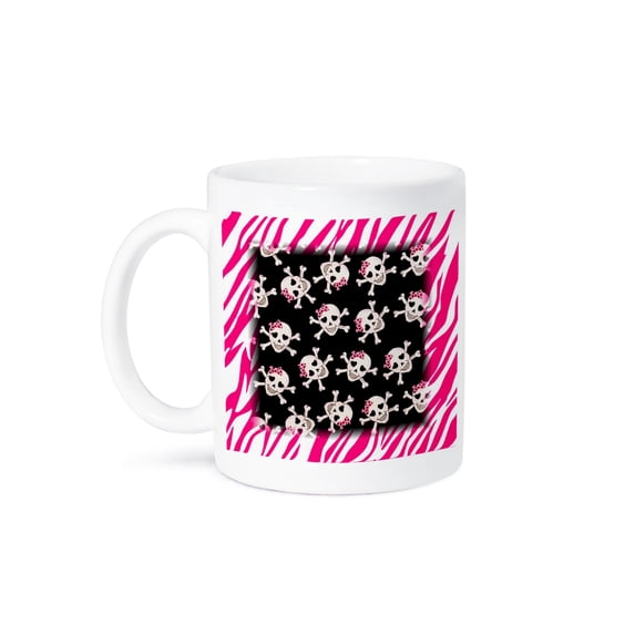 3dRose, Cute Black Skulls With Bows On Pink Zebra, 11oz Mug