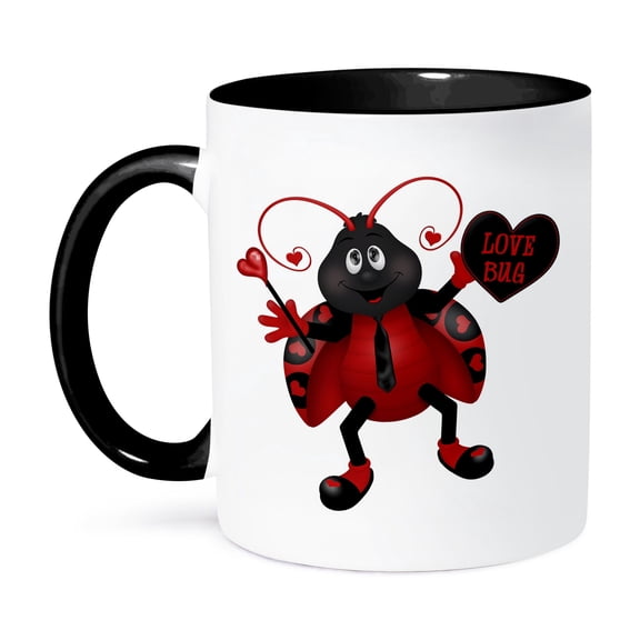 3dRose, Cute Black and Red Happy Love Bug Lady Bug Illustration, 15oz Two-Tone Black Mug