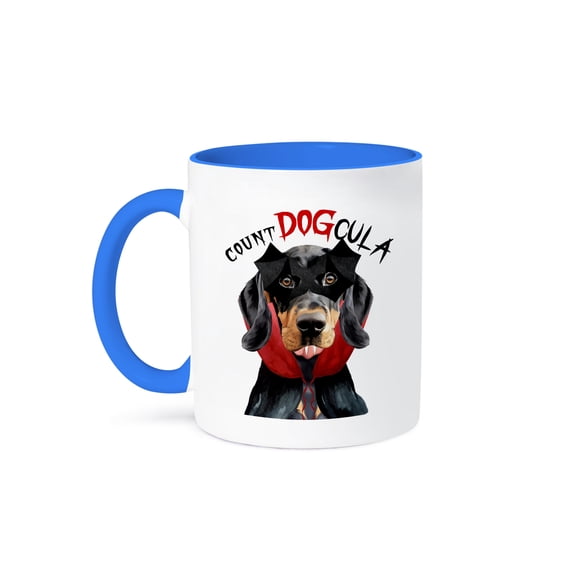 3dRose, Cute Black and Tan Coonhound dog in a vampire Halloween costume., 15oz Two-Tone Blue Mug
