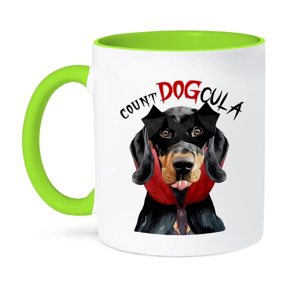3dRose, Cute Black and Tan Coonhound dog in a vampire Halloween costume., 15oz Two-Tone Green Mug