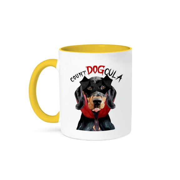 3dRose, Cute Black and Tan Coonhound dog in a vampire Halloween costume., 15oz Two-Tone Yellow Mug