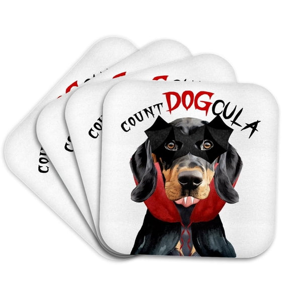 3dRose, Cute Black and Tan Coonhound dog in a vampire Halloween costume., Set of 4 Coasters - Soft