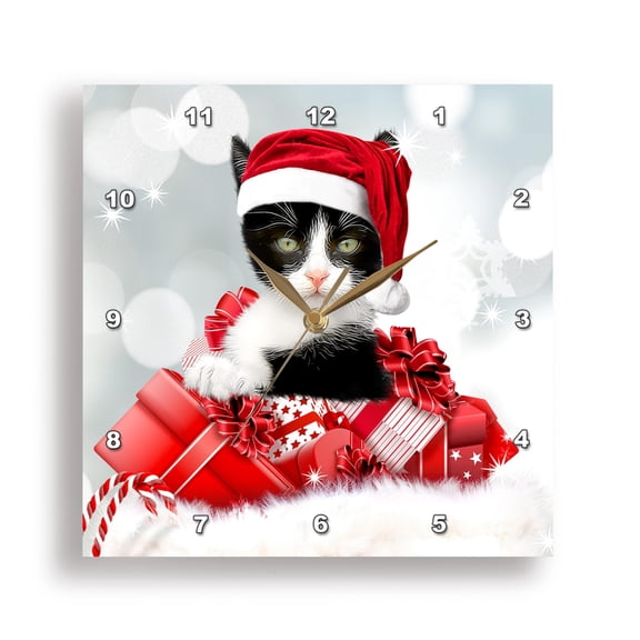 3dRose, Cute Black and White Christmas Kitty Cat with Red Presents, 15x15 Wall Clock