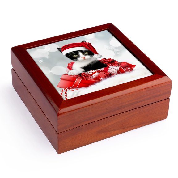 3dRose, Cute Black and White Christmas Kitty Cat with Red Presents, Jewelry Box 5.5x5.5 inch with 4 inch tile