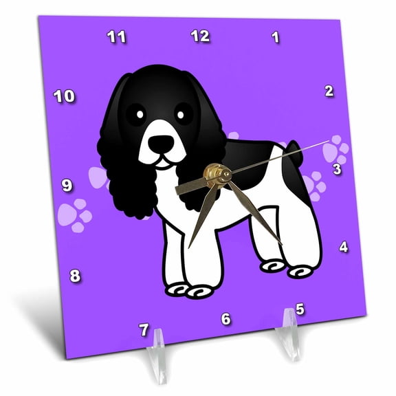 3dRose, Cute Black and White Cocker Spaniel Purple with Pawprints, 6x6 Desk Clock