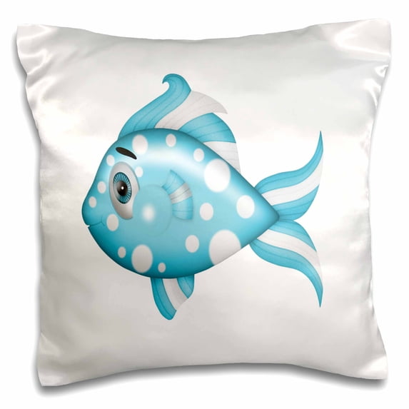 3drose, Cute Blue and White Polka Dot Fish Illustration, 16x16 inch Pillow Case