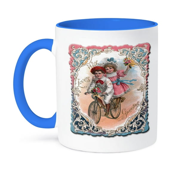 3dRose, Cute Boy and Girl on a Tandem Bicycle with Ornate Victorian Frame, 11oz Two-Tone Blue Mug