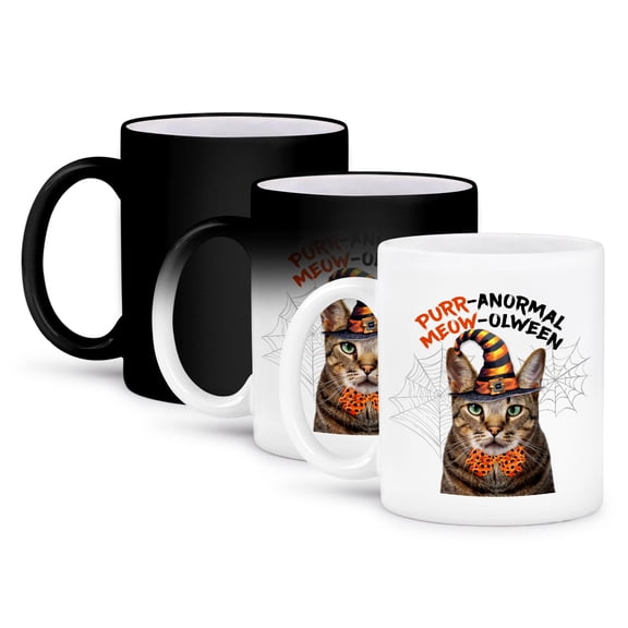 3dRose, Cute Brown Striped Tabby Cat Dressed as a Wizard for Halloween, 11oz Magic Transforming Mug