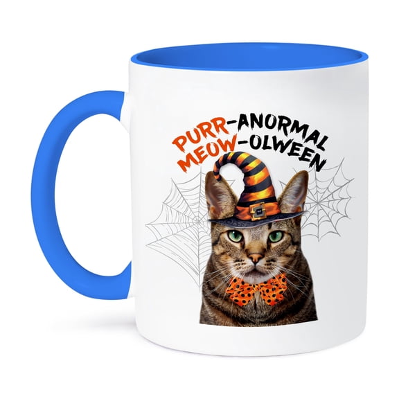 3dRose, Cute Brown Striped Tabby Cat Dressed as a Wizard for Halloween, 11oz Two-Tone Blue Mug
