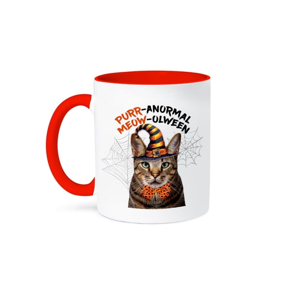 3dRose, Cute Brown Striped Tabby Cat Dressed as a Wizard for Halloween, 11oz Two-Tone Red Mug