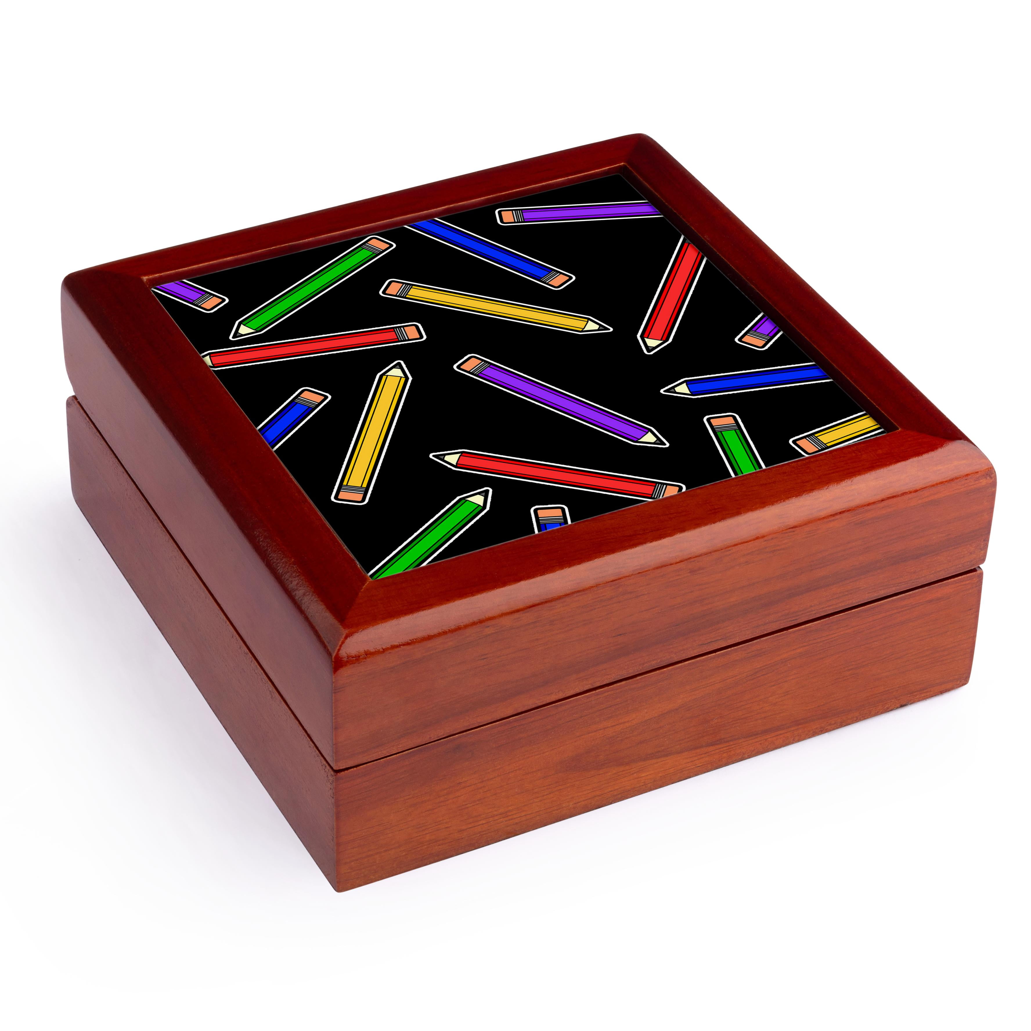 3dRose, Cute Cartoon Primary Colors Pencil Print - Black, Jewelry Box 5.5x5.5 inch with 4 inch tile
