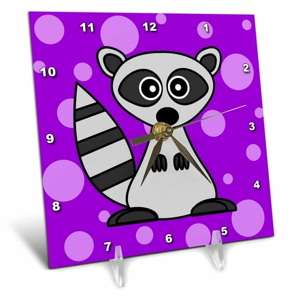 3dRose, Cute Cartoon Raccoon Purple Dot Background, 6x6 Desk Clock