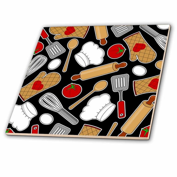 3dRose, Cute Chef or Cook Love Pattern in Black, 4 Inch Ceramic Tile
