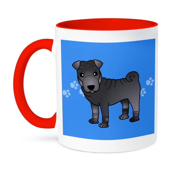 3dRose, Cute Chinese Shar Pei Blue Coat - Blue Paw Prints, 15oz Two-Tone Red Mug