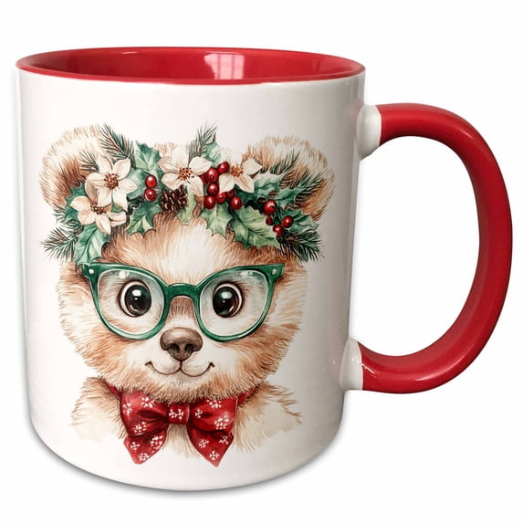 3drose, Cute Christmas Beige and White Bear in Glasses, 15oz Two-tone Red Mug
