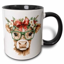 3drose, Cute Christmas Brown Cow in Glasses, 11oz Two-tone Black Mug