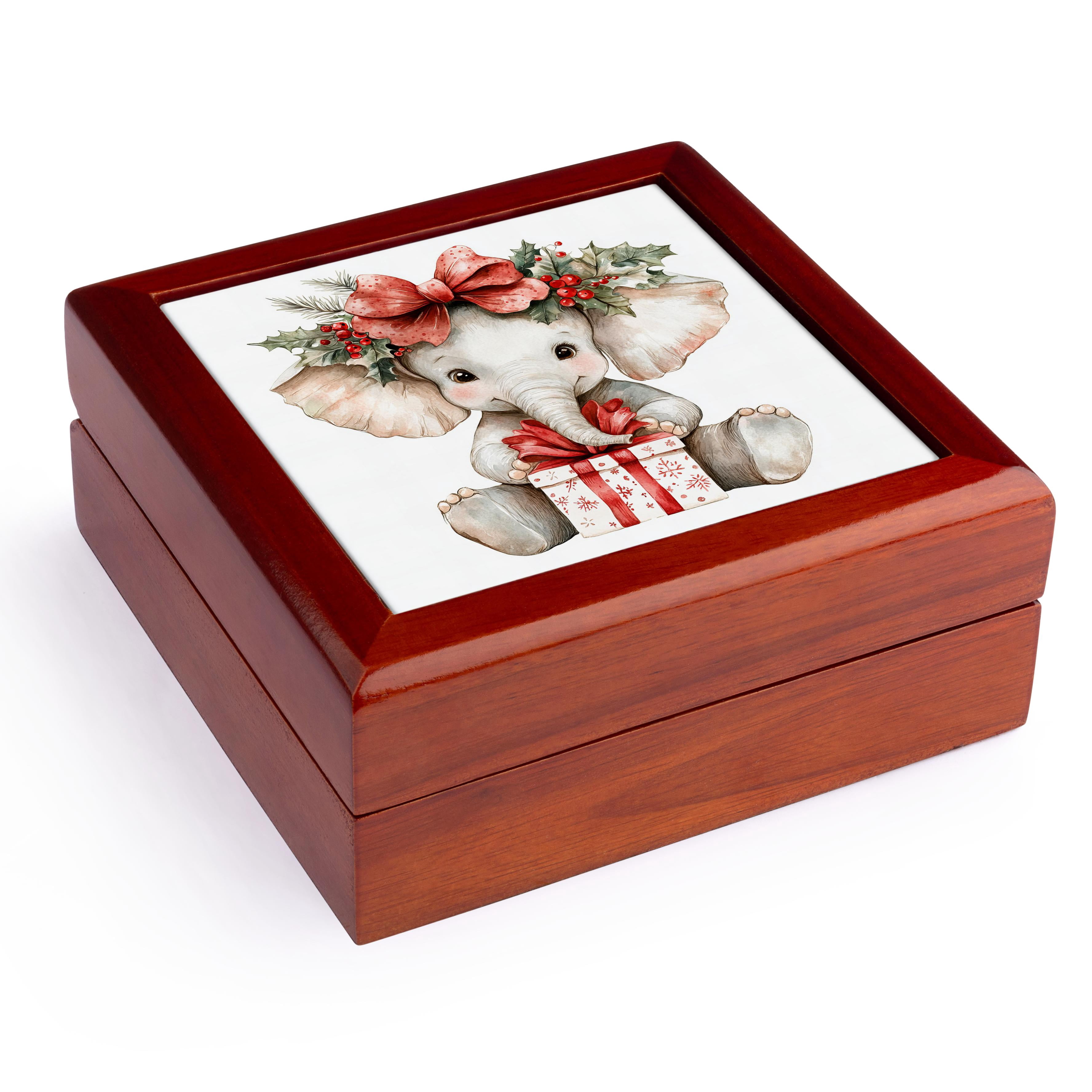 3dRose, Cute Christmas Elephant With Gift, Jewelry Box 5.5x5.5 inch with 4 inch tile