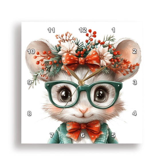 3dRose, Cute Christmas Mouse In Glasses, 15x15 Wall Clock