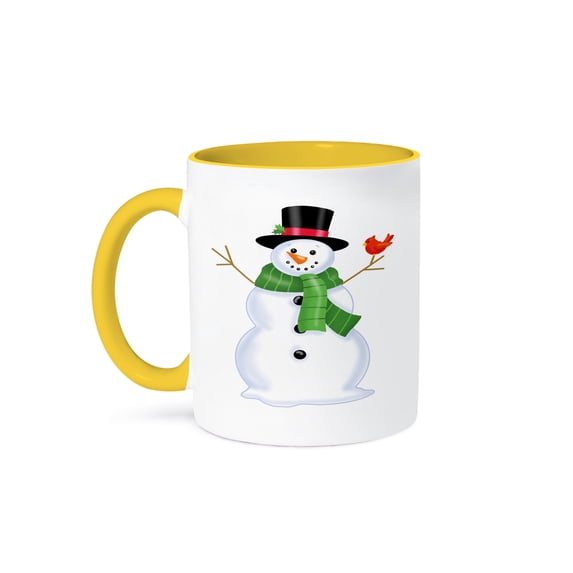 3dRose, Cute Christmas Snowman With A Scarf and A Bird, 11oz Two-Tone Yellow Mug