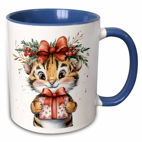 3drose, Cute Christmas Tiger with Gift, 15oz Two-tone Blue Mug