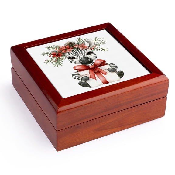 3dRose, Cute Christmas Zebra With Gift, Jewelry Box 5.5x5.5 inch with 4 inch tile