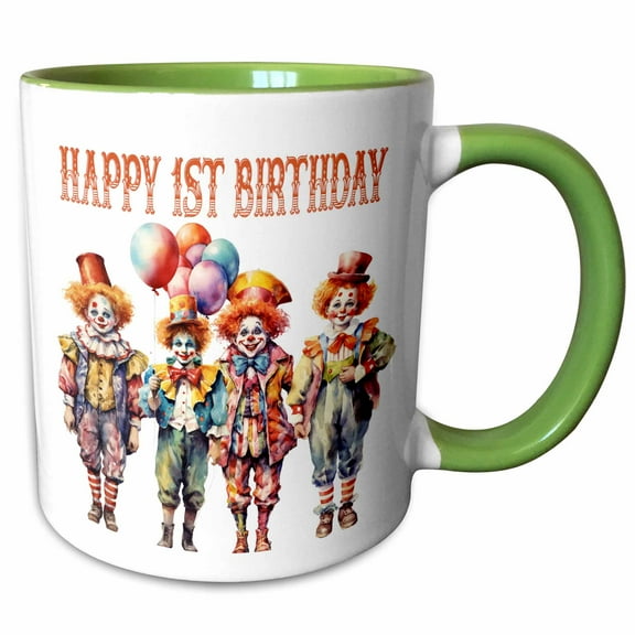 3drose, Cute Clowns Happy 1st Birthday, 15oz Two-tone Green Mug