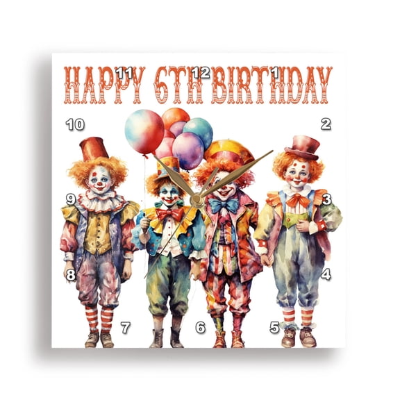 3dRose, Cute Clowns Happy 6th Birthday, 15x15 Wall Clock