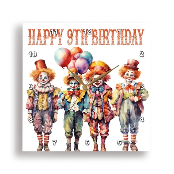 3dRose, Cute Clowns Happy 9th Birthday, 15x15 Wall Clock