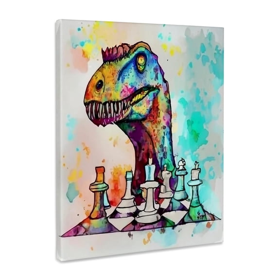 3dRose, Cute Cool Funny T-rex Dinosaur Playing Chess Game Abstract Art Cubism , Museum Grade Canvas Wrap 11x14