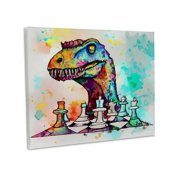 3dRose, Cute Cool Funny T-rex Dinosaur Playing Chess Game Abstract Art Cubism , Museum Grade Canvas Wrap 14x11