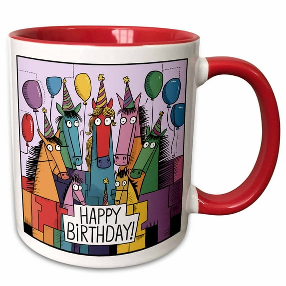 3drose, Cute Cool Fun Assorted Horses with Balloons Happy Birthday Abstract, 11oz Two-tone Red Mug