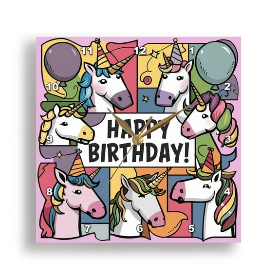 3dRose, Cute Cool fun Assorted Unicorns with Balloons Happy Birthday Abstract , 10x10 Wall Clock