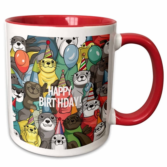 3drose, Cute Cool Funny Assorted Sea Otters Balloons Happy Birthday Abstract, 15oz Two-tone Red Mug