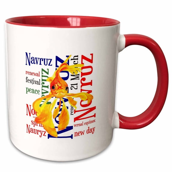 3drose, Cute Fantail Fish Nowruz Word Collage Background, 11oz Two-tone Red Mug